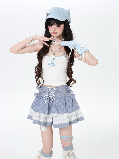 Crazy Girl Ballet Plaid Lace Trim Tie Waist A Line Women&