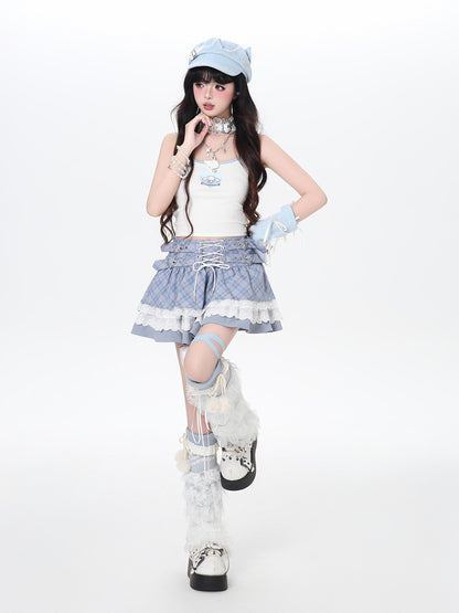 Crazy Girl Ballet Plaid Lace Trim Tie Waist A Line Women&