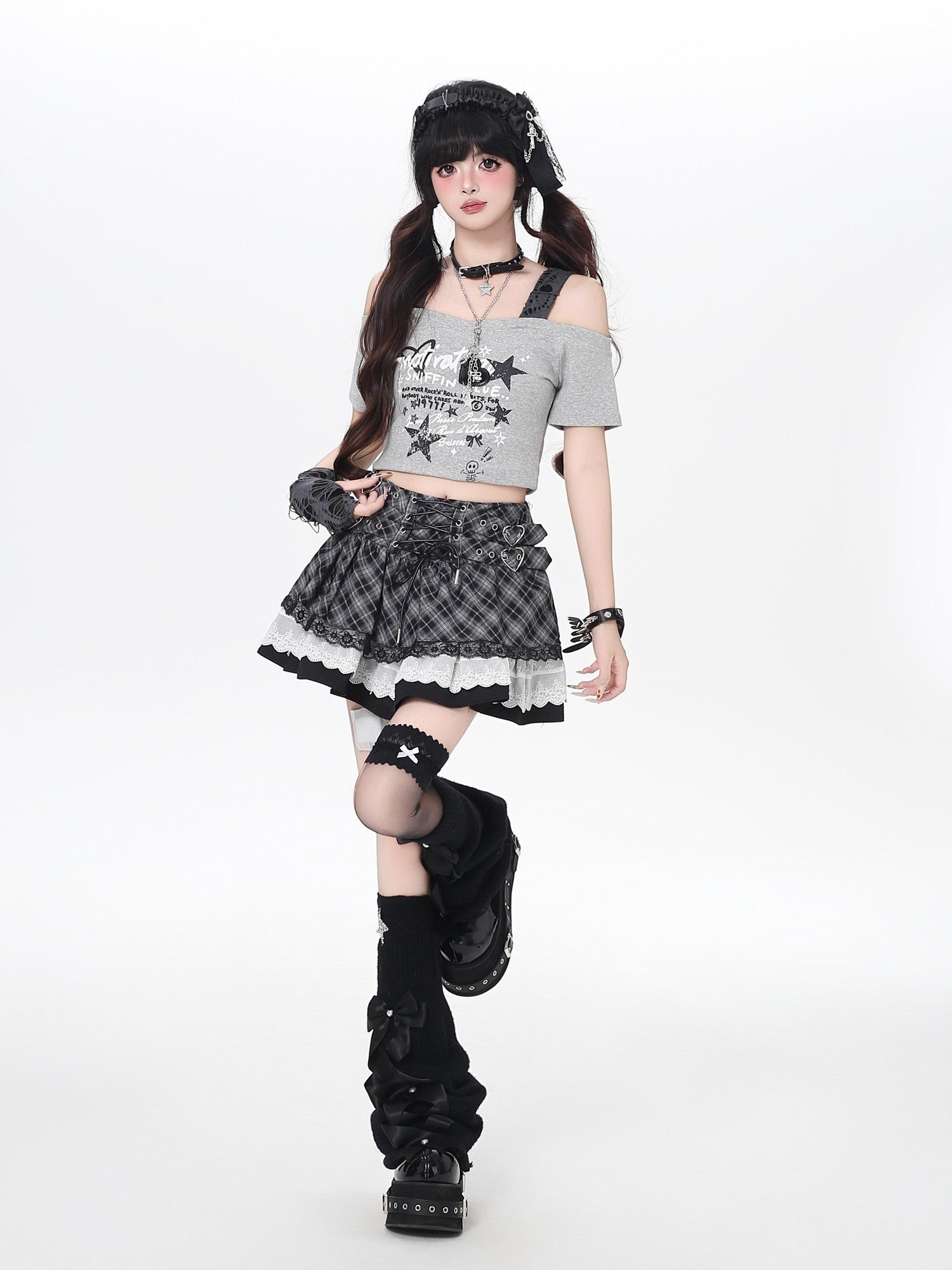 Crazy Girl Ballet Plaid Lace Trim Tie Waist A Line Women&