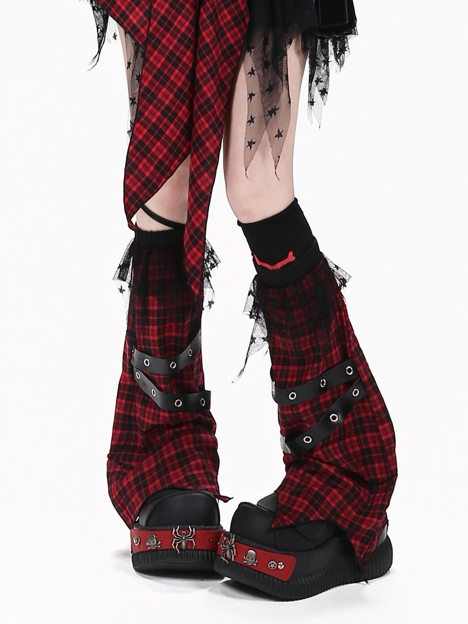 Crazy Girl Belt Plaid Lace Spliced Punk Women&