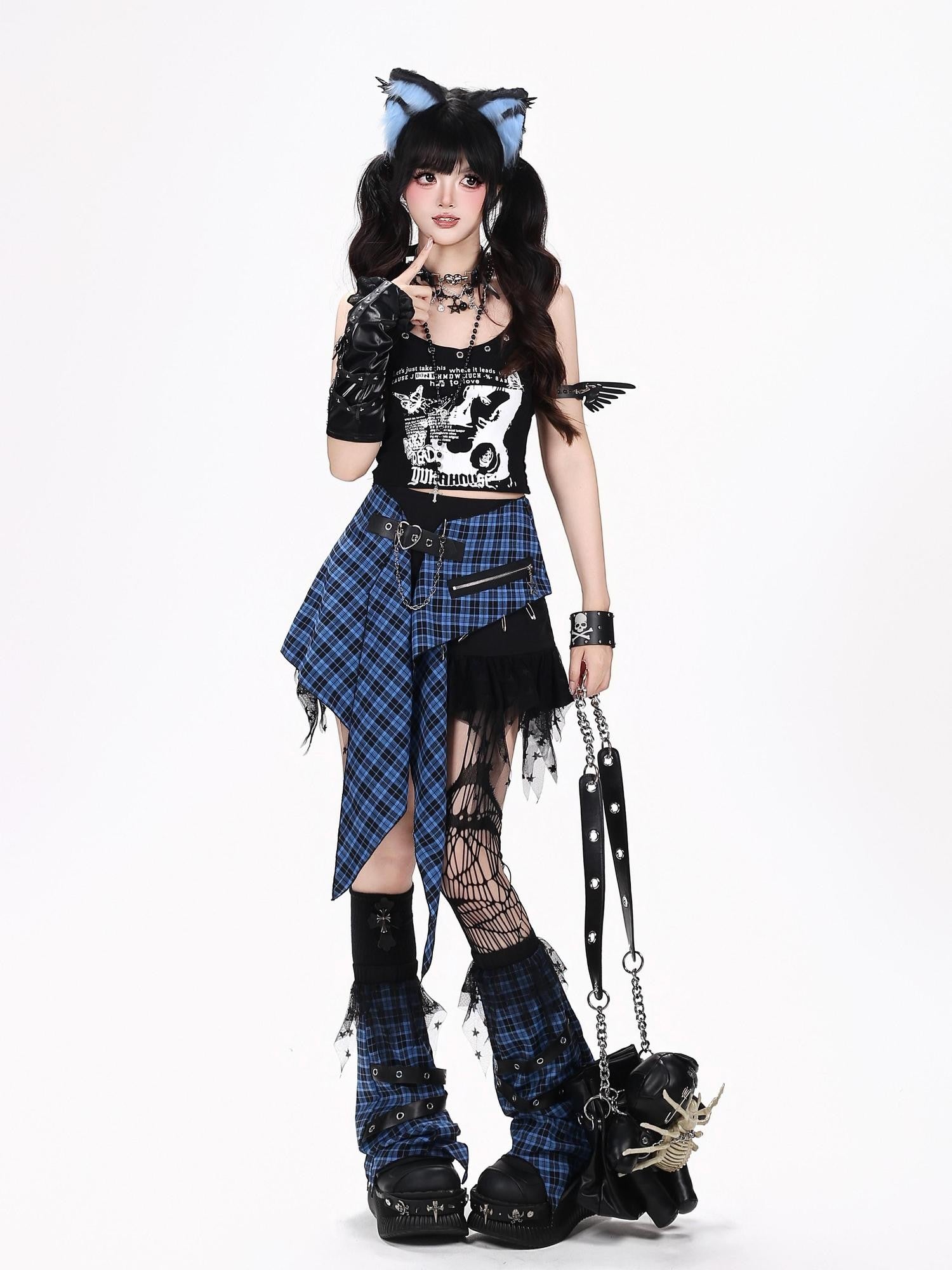 Crazy Girl Belt Plaid Lace Spliced Punk Women&
