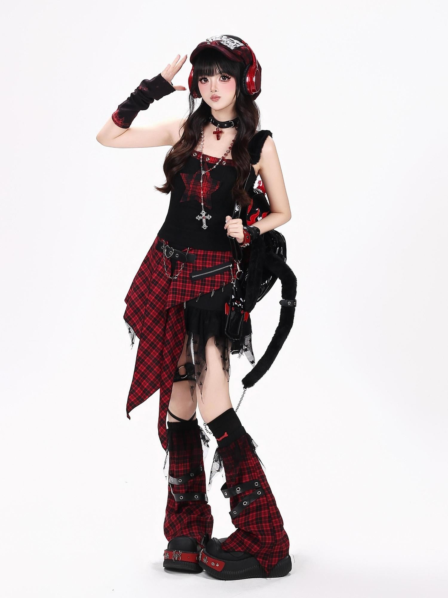 Crazy Girl Belt Plaid Lace Spliced Punk Women&