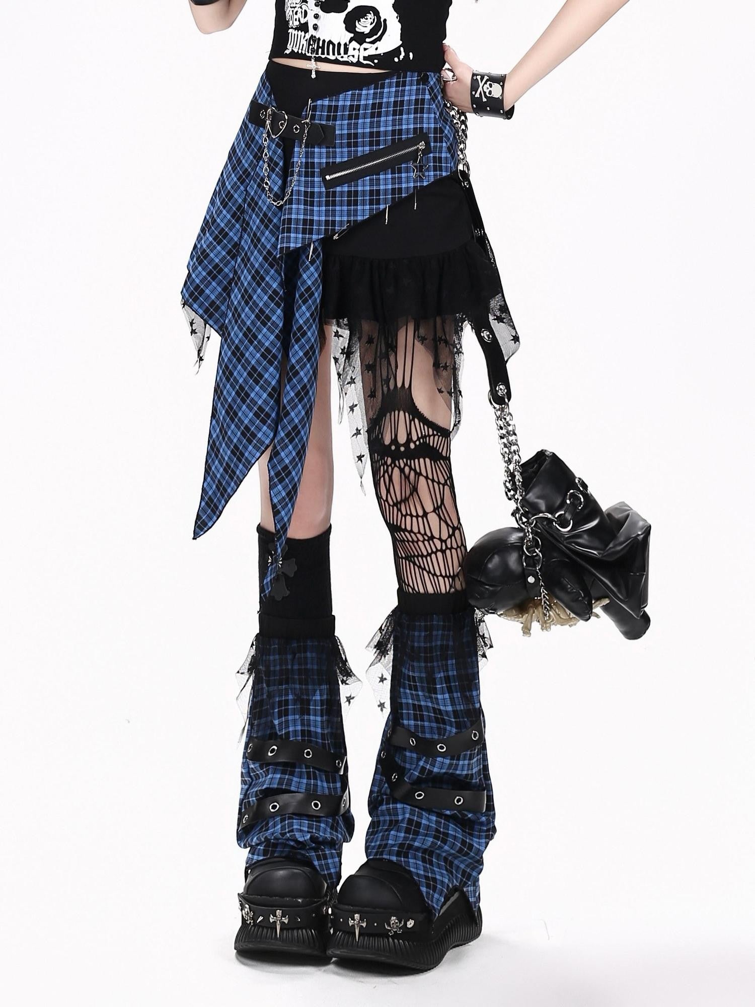 Crazy Girl Belt Plaid Lace Spliced Punk Women&