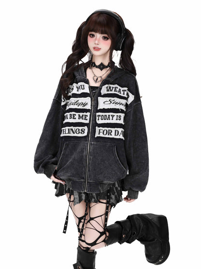 Crazy_Girl_Black_Gray_Street_Letter_Patch_Washed_Loose_Women&