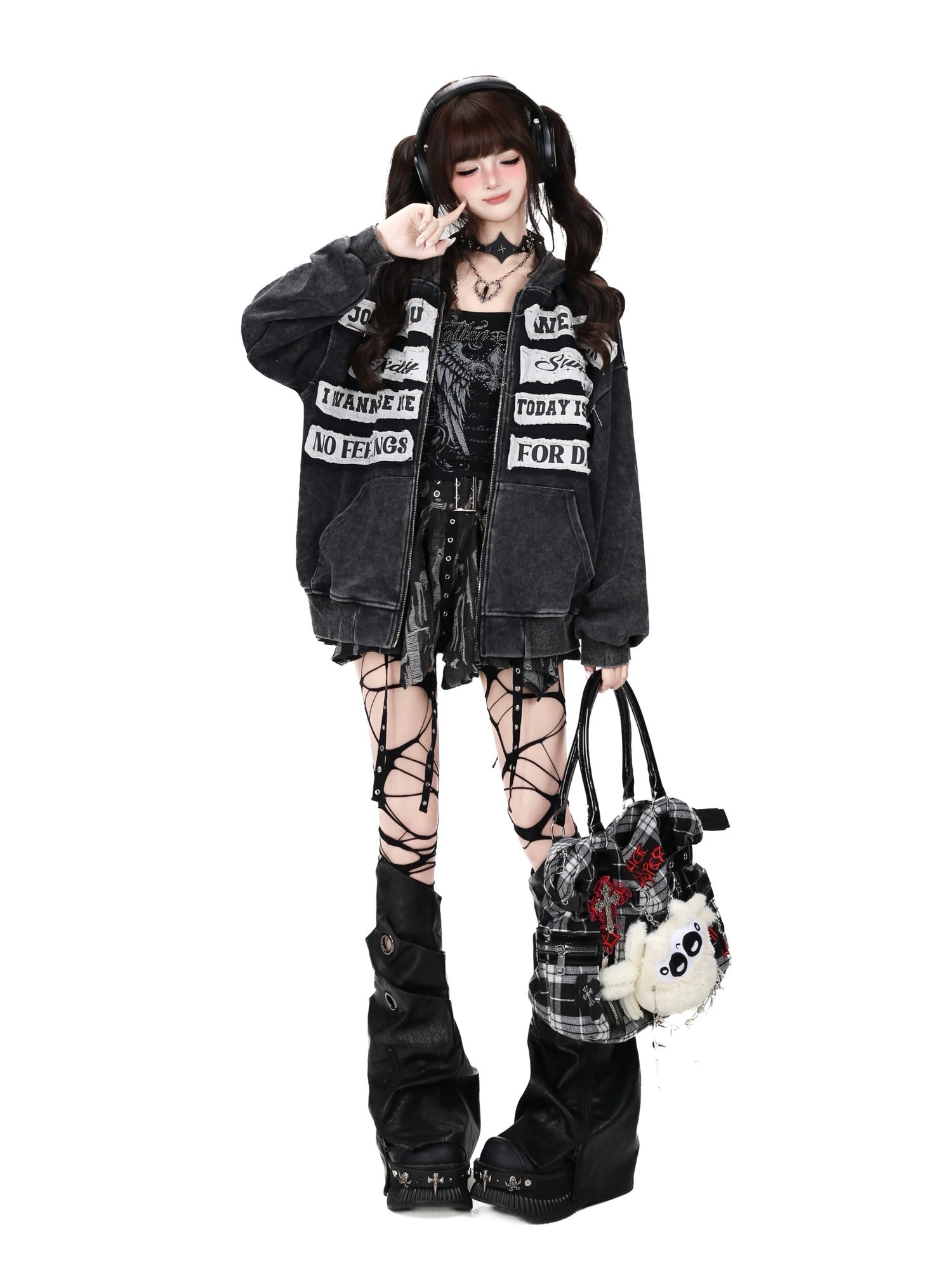 Crazy Girl Black Gray Street Letter Patch Washed Loose Women&