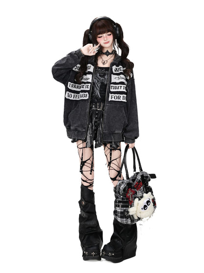 Crazy Girl Black Gray Street Letter Patch Washed Loose Women&