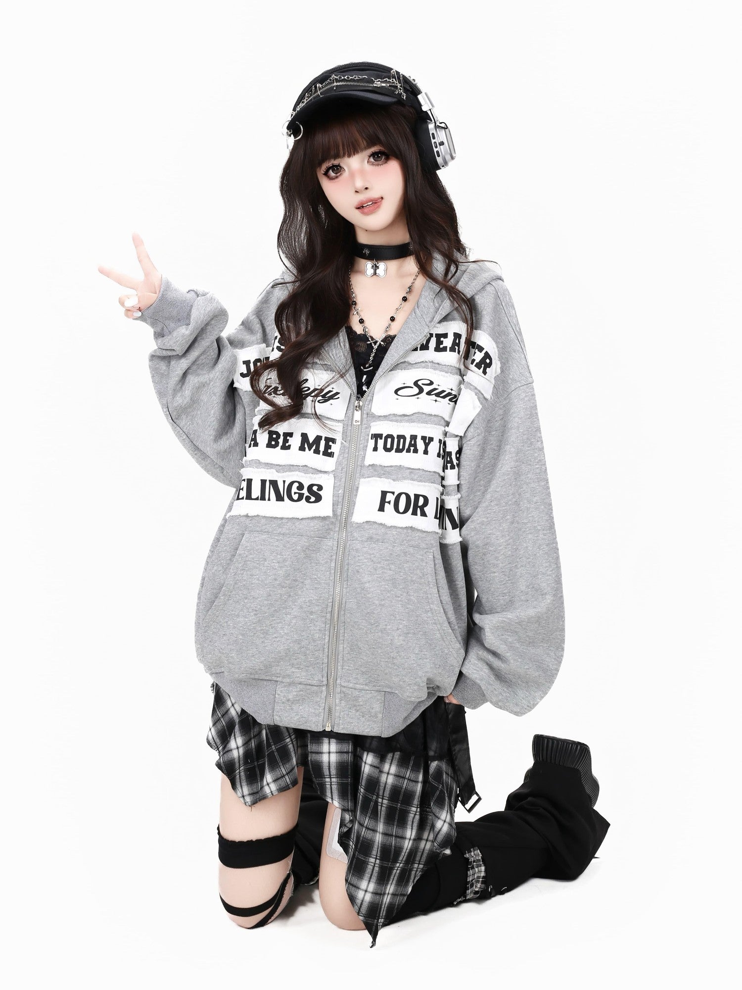 Crazy Girl Black Gray Street Letter Patch Washed Loose Women&