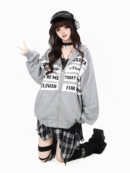 Crazy Girl Black Gray Street Letter Patch Washed Loose Women&
