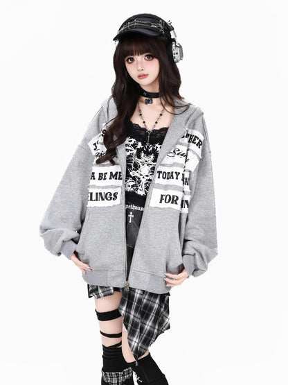 Crazy Girl Black Gray Street Letter Patch Washed Loose Women&