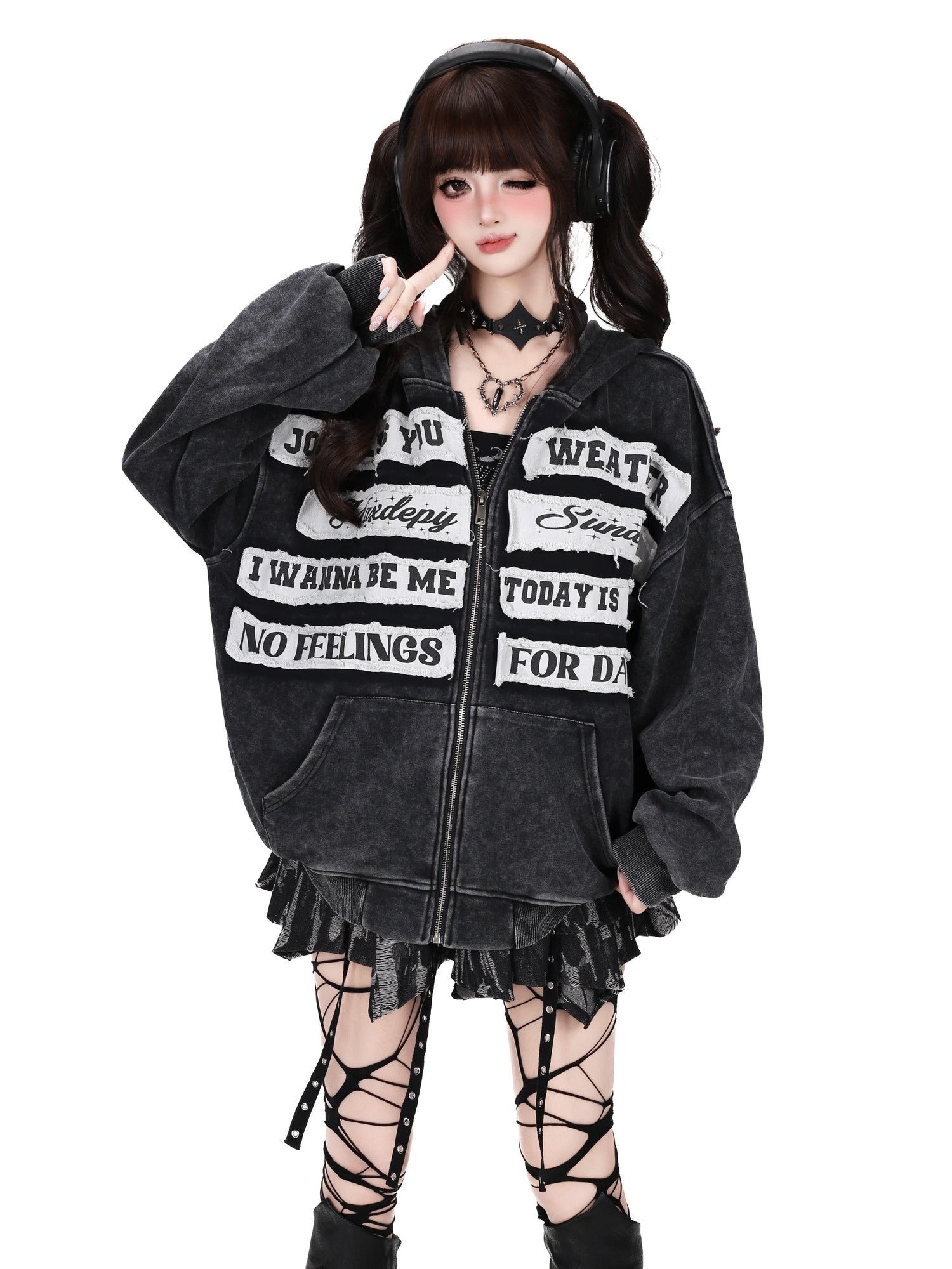 Crazy Girl Black Gray Street Letter Patch Washed Loose Women&