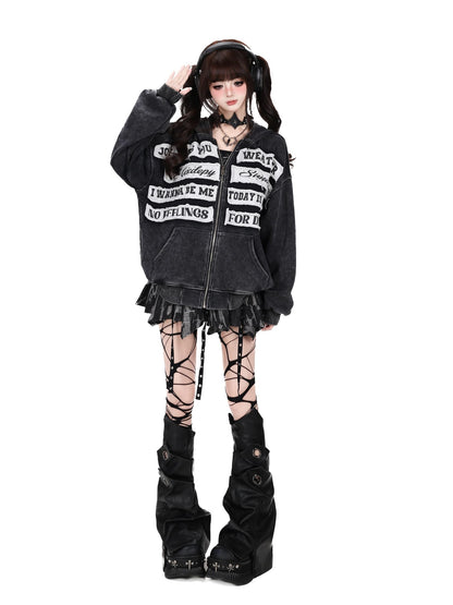 Crazy Girl Black Gray Street Letter Patch Washed Loose Women&
