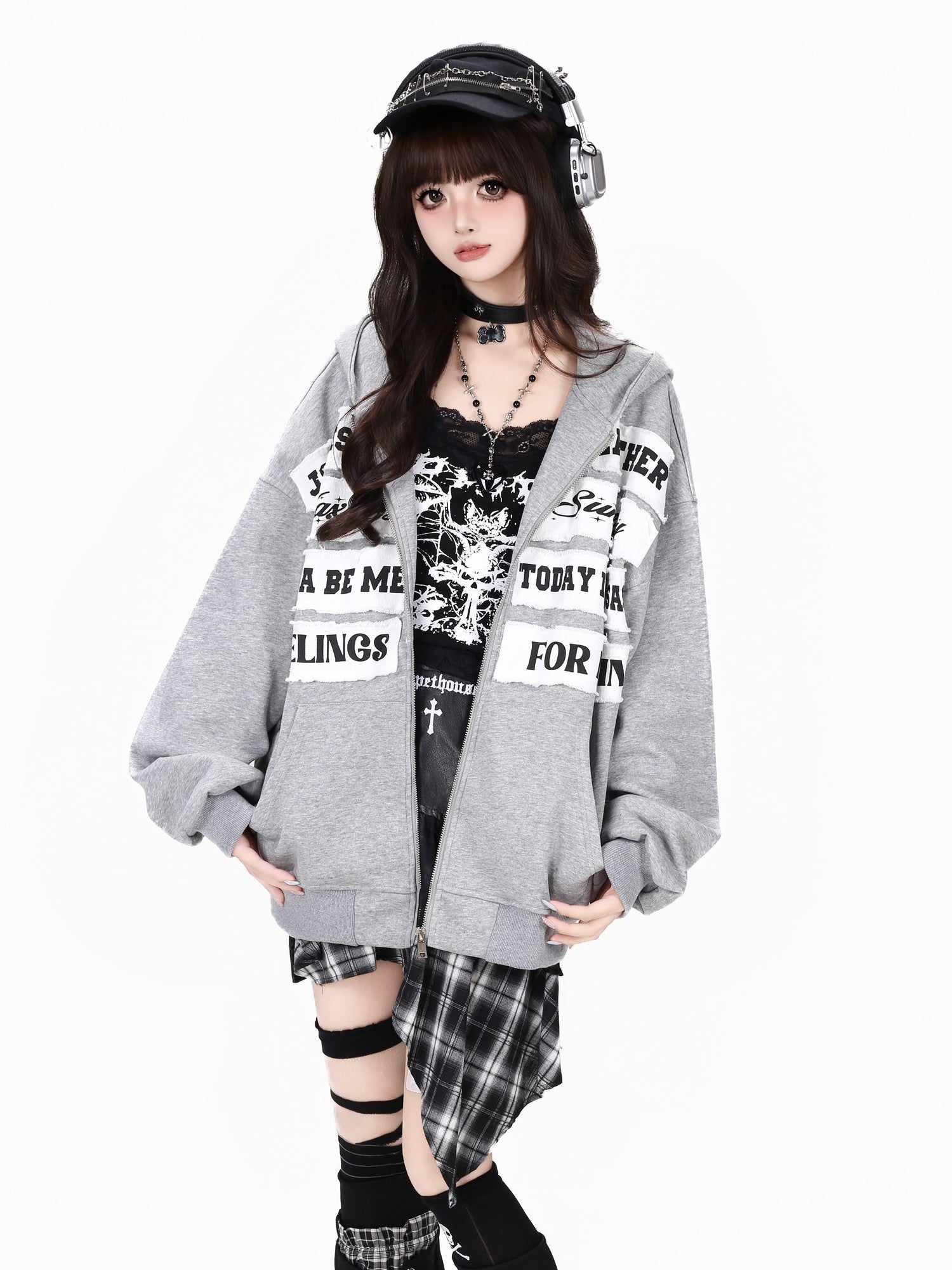 Crazy Girl Black Gray Street Letter Patch Washed Loose Women&