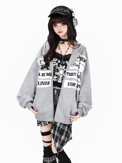 Crazy Girl Black Gray Street Letter Patch Washed Loose Women&