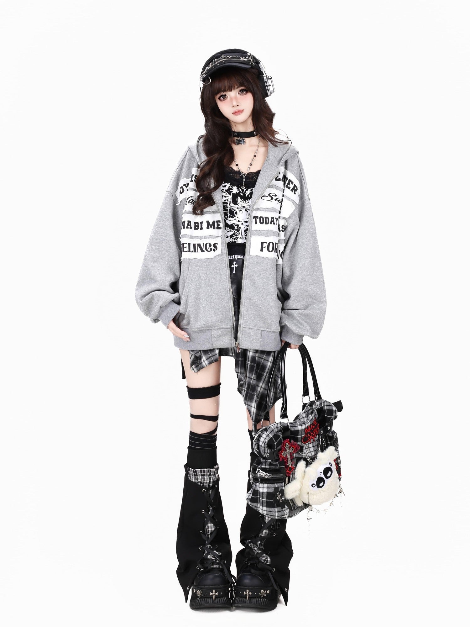 Crazy Girl Black Gray Street Letter Patch Washed Loose Women&
