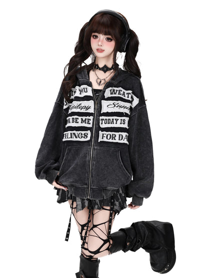 Crazy Girl Black Gray Street Letter Patch Washed Loose Women&