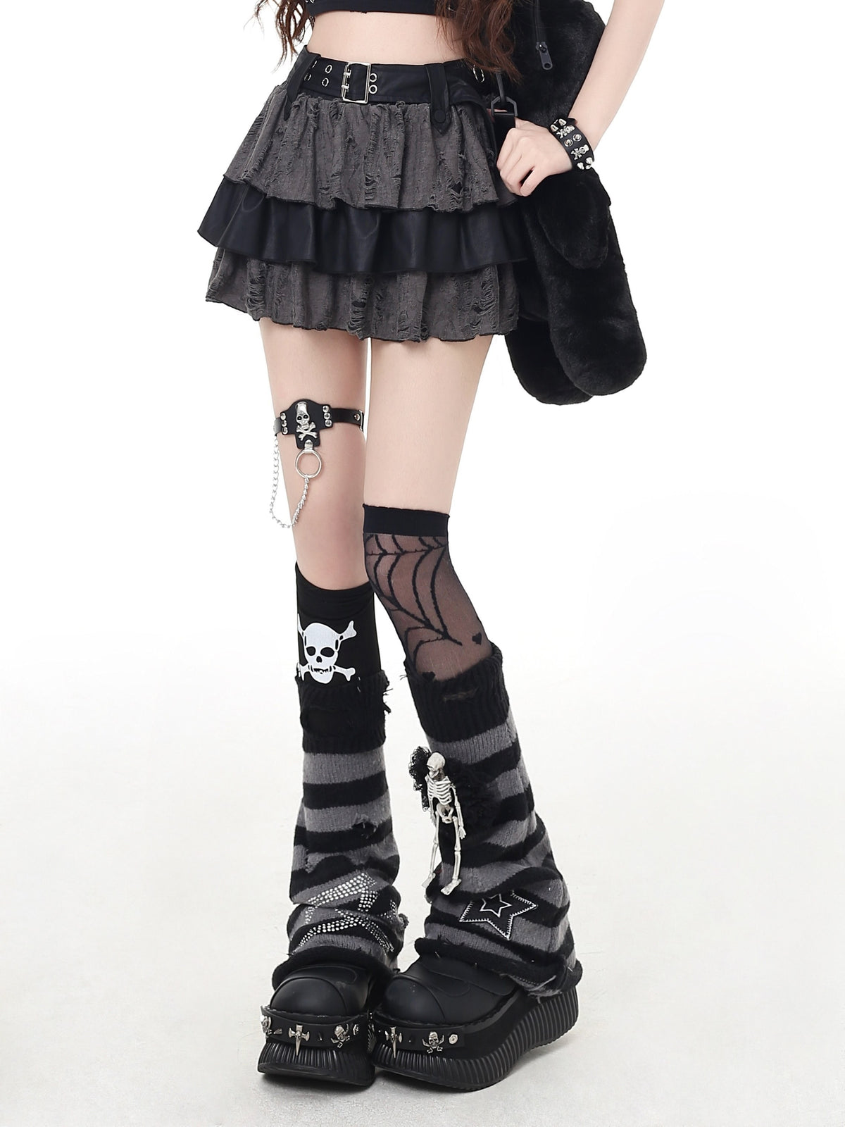 Crazy_Girl_Black_Grey_Distressed_Ripped_Subculture_High_Waist_Zipper_Women&