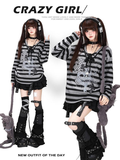 Crazy Girl Black Grey Striped Lace Up V-neck Sweet Loose Women&
