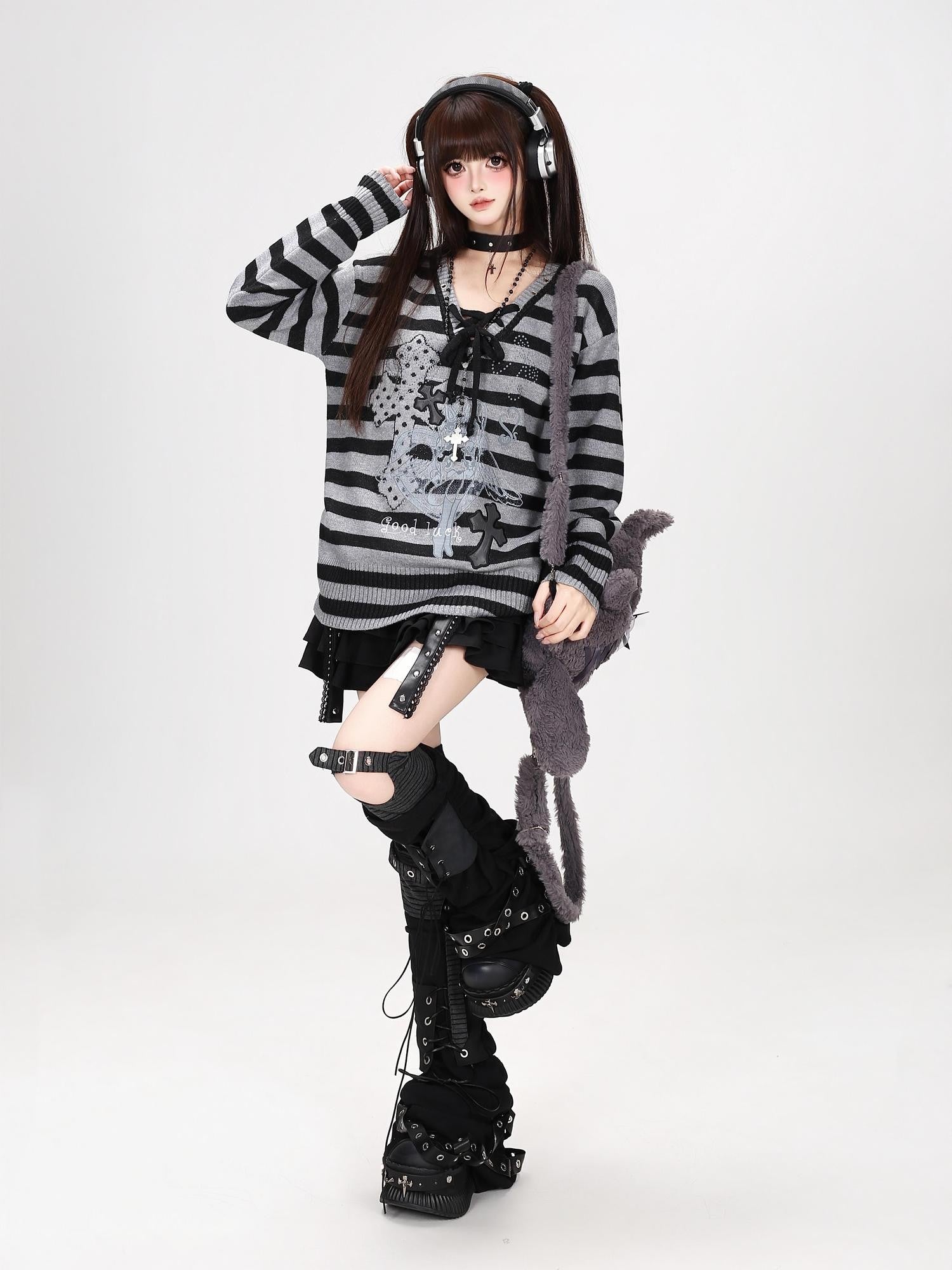 Crazy Girl Black Grey Striped Lace Up V-neck Sweet Loose Women&