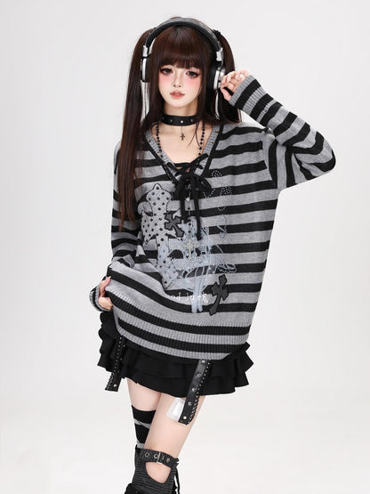 Crazy Girl Black Grey Striped Lace Up V-neck Sweet Loose Women&