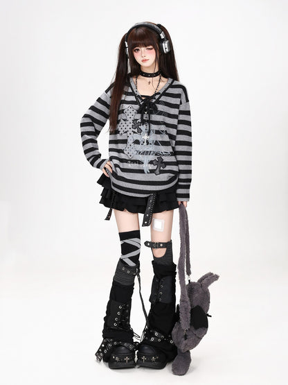 Crazy Girl Black Grey Striped Lace Up V-neck Sweet Loose Women&