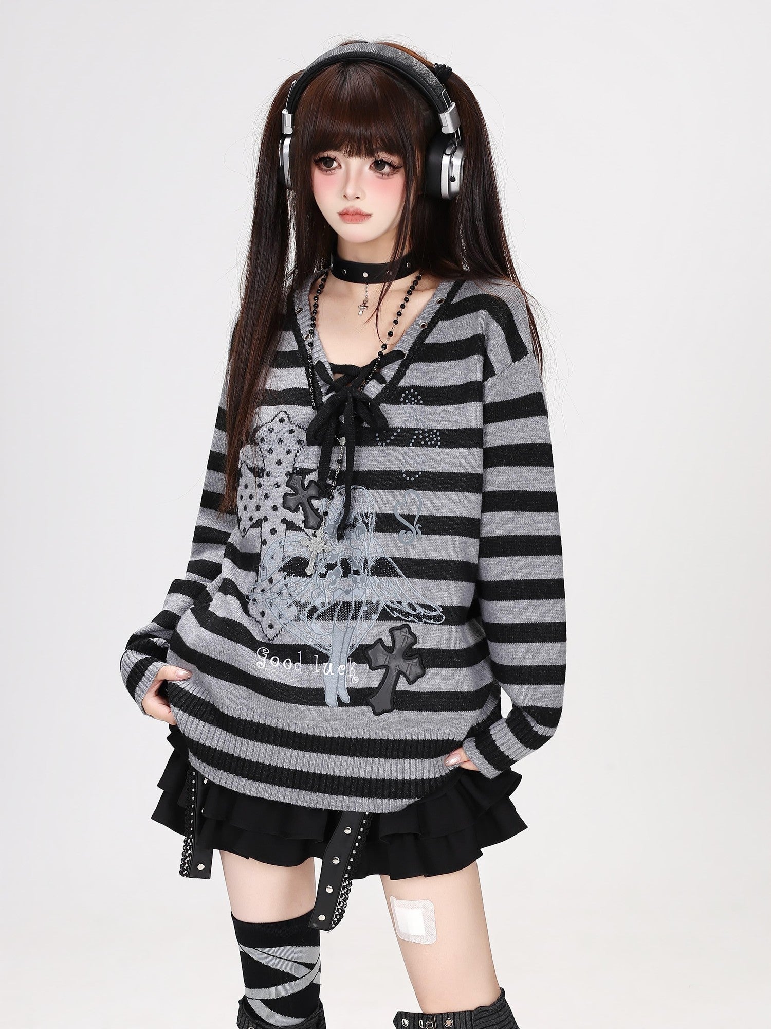 Crazy Girl Black Grey Striped Lace Up V-neck Sweet Loose Women&