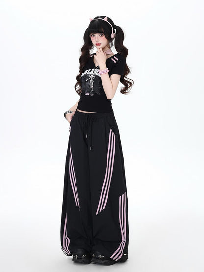 Crazy Girl Black Pink Striped Vintage High Waist Women&