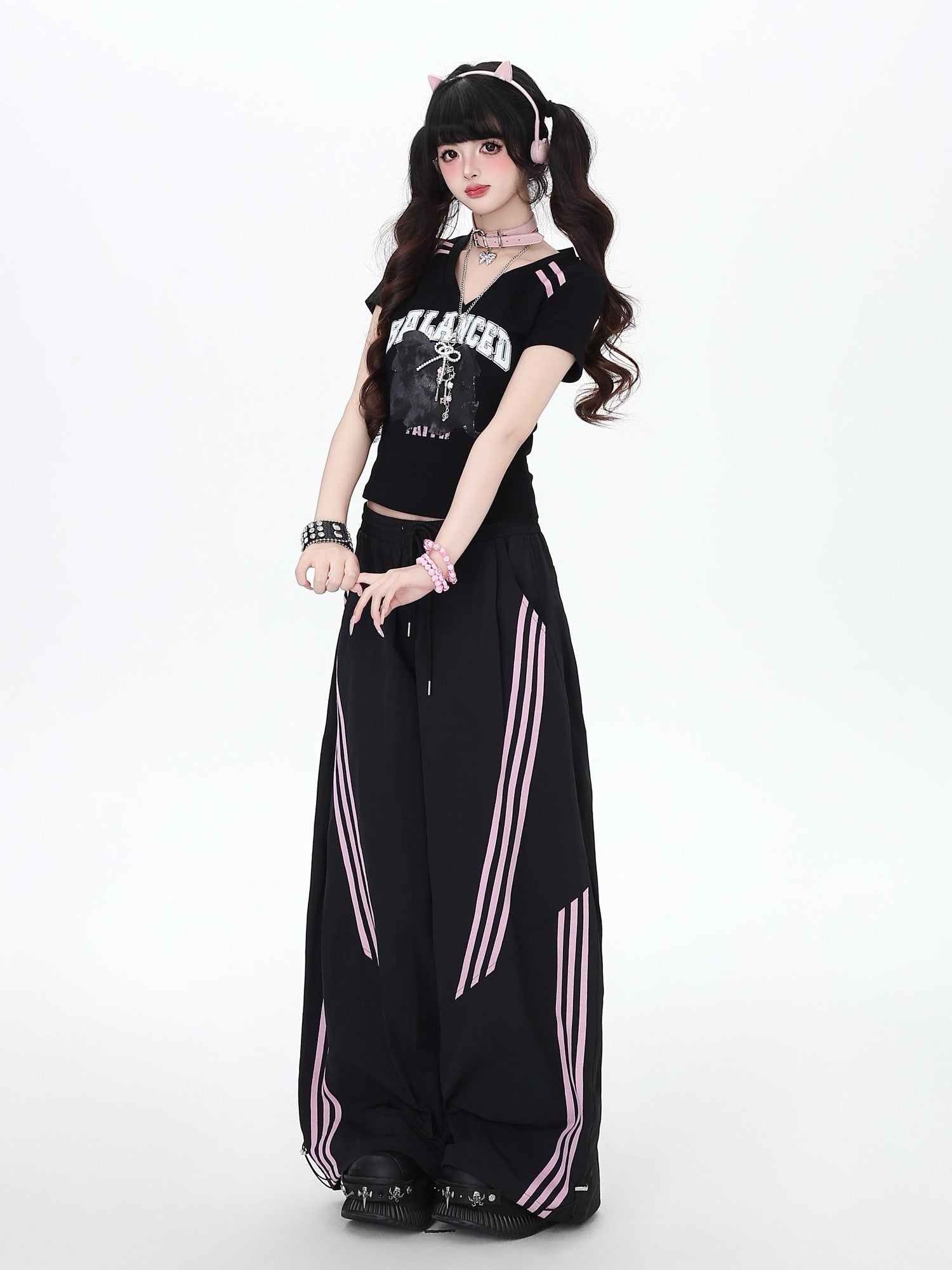 Crazy Girl Black Pink Striped Vintage High Waist Women&