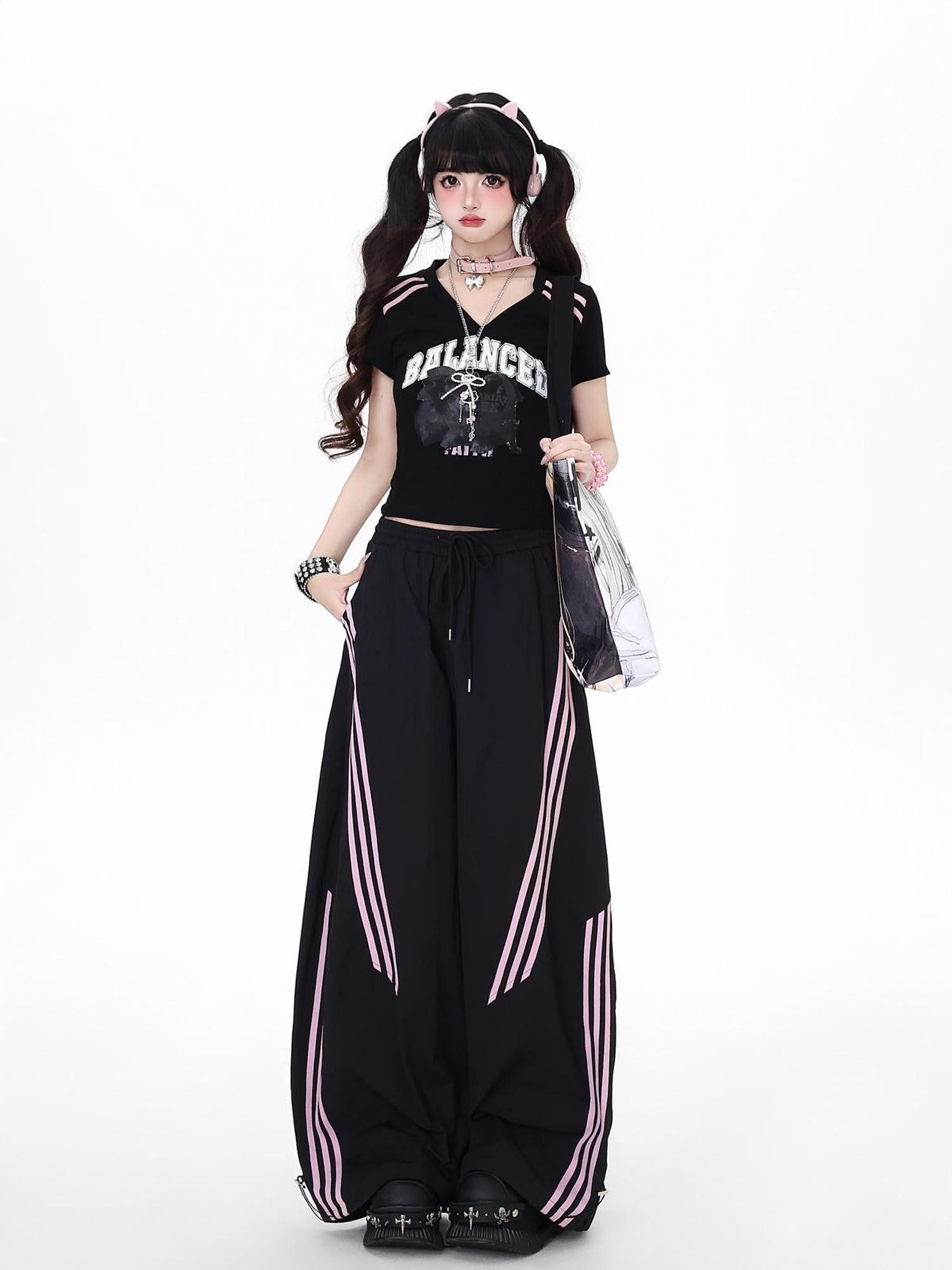 Crazy Girl Black Pink Striped Vintage High Waist Women&