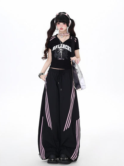 Crazy Girl Black Pink Striped Vintage High Waist Women&