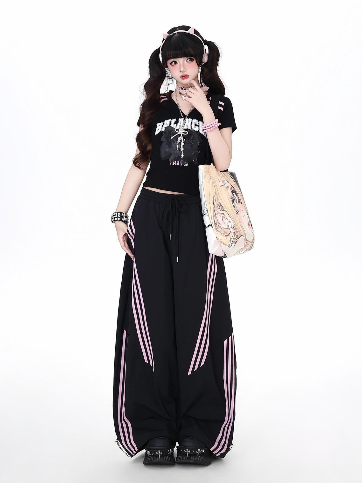 Crazy Girl Black Pink Striped Vintage High Waist Women&