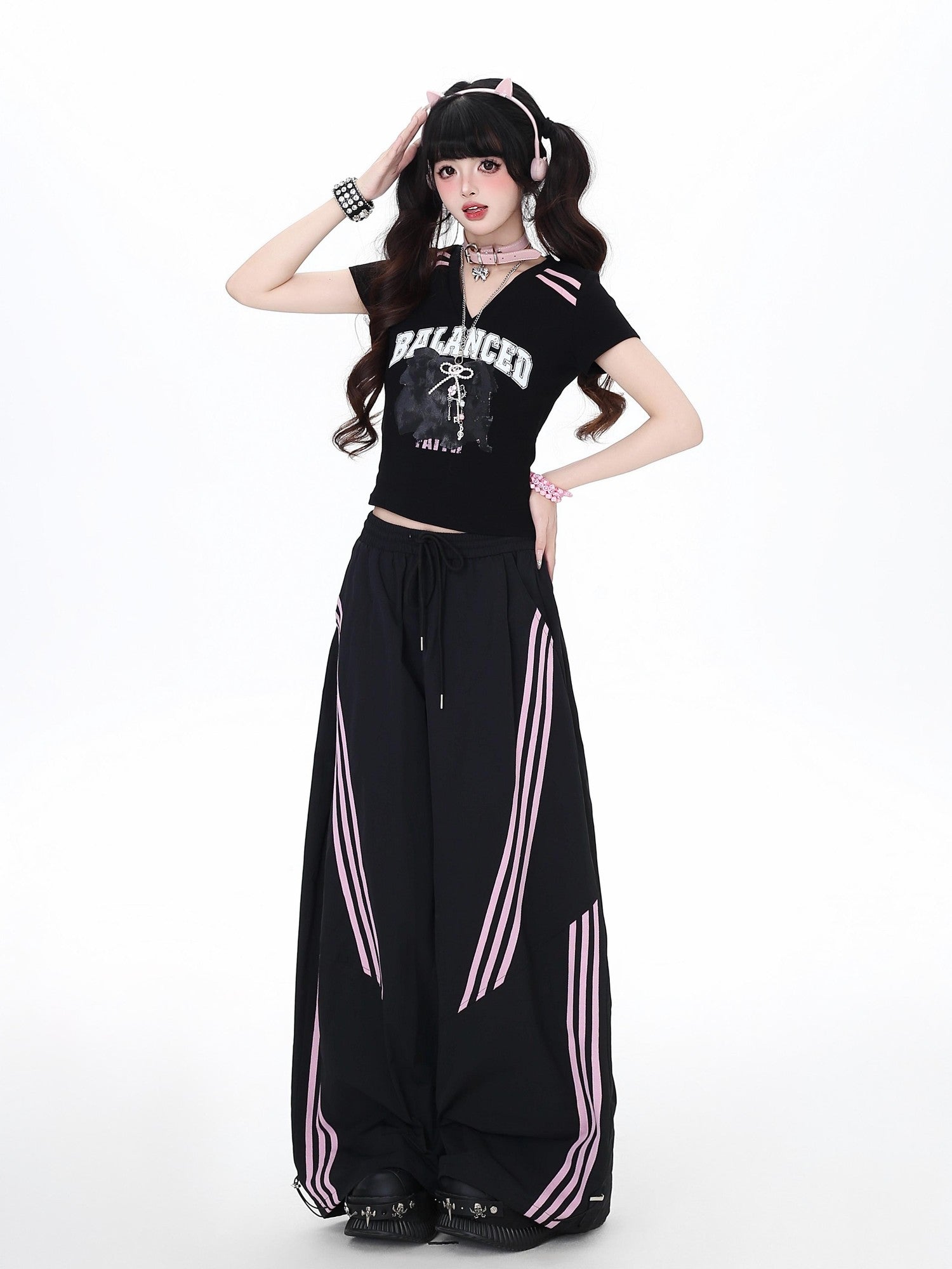 Crazy Girl Black Pink Striped Vintage High Waist Women&