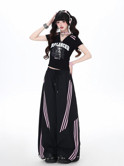Crazy Girl Black Pink Striped Vintage High Waist Women&