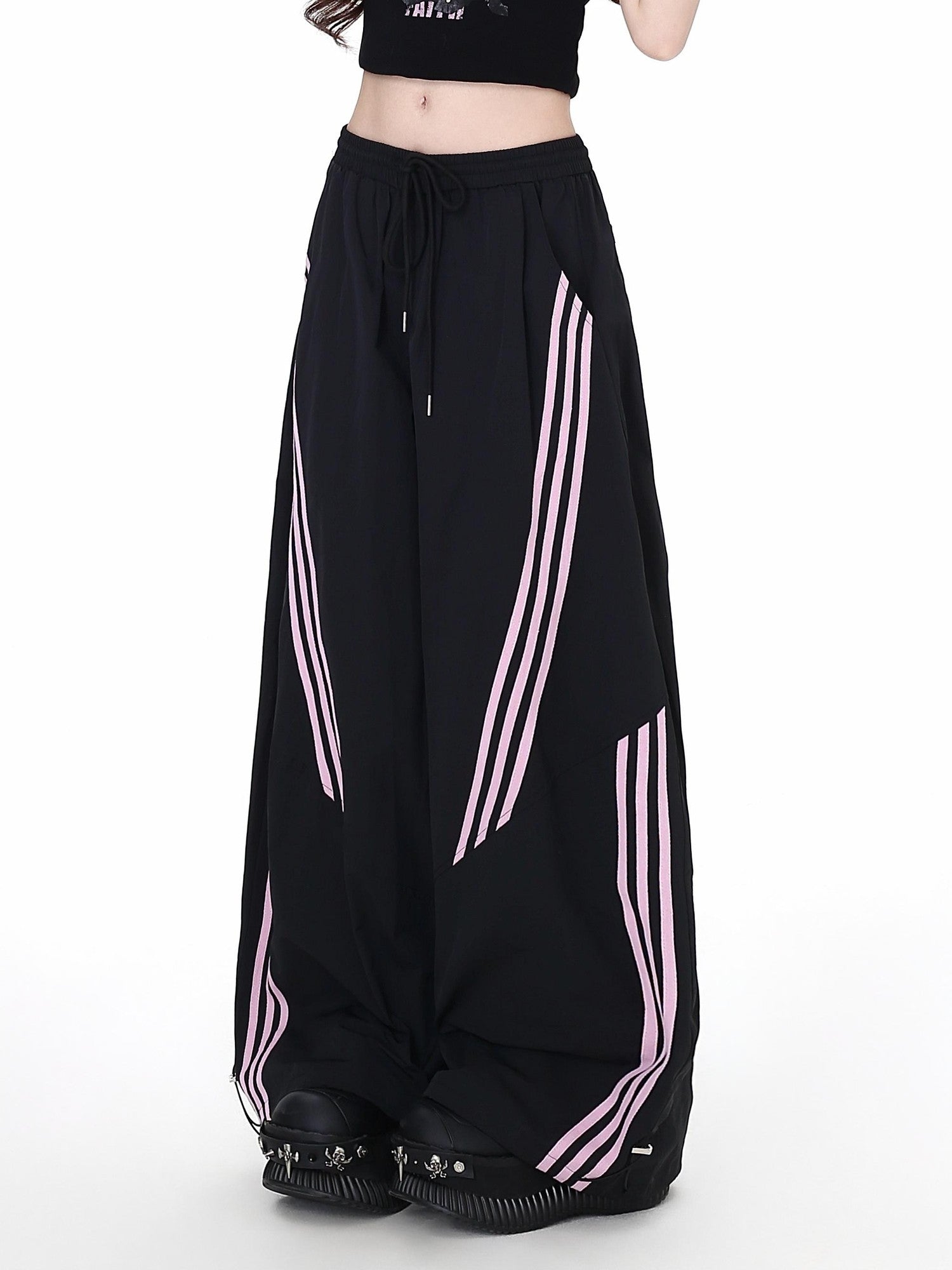 Crazy Girl Black Pink Striped Vintage High Waist Women&