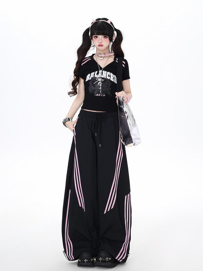 Crazy Girl Black Pink Striped Vintage High Waist Women&