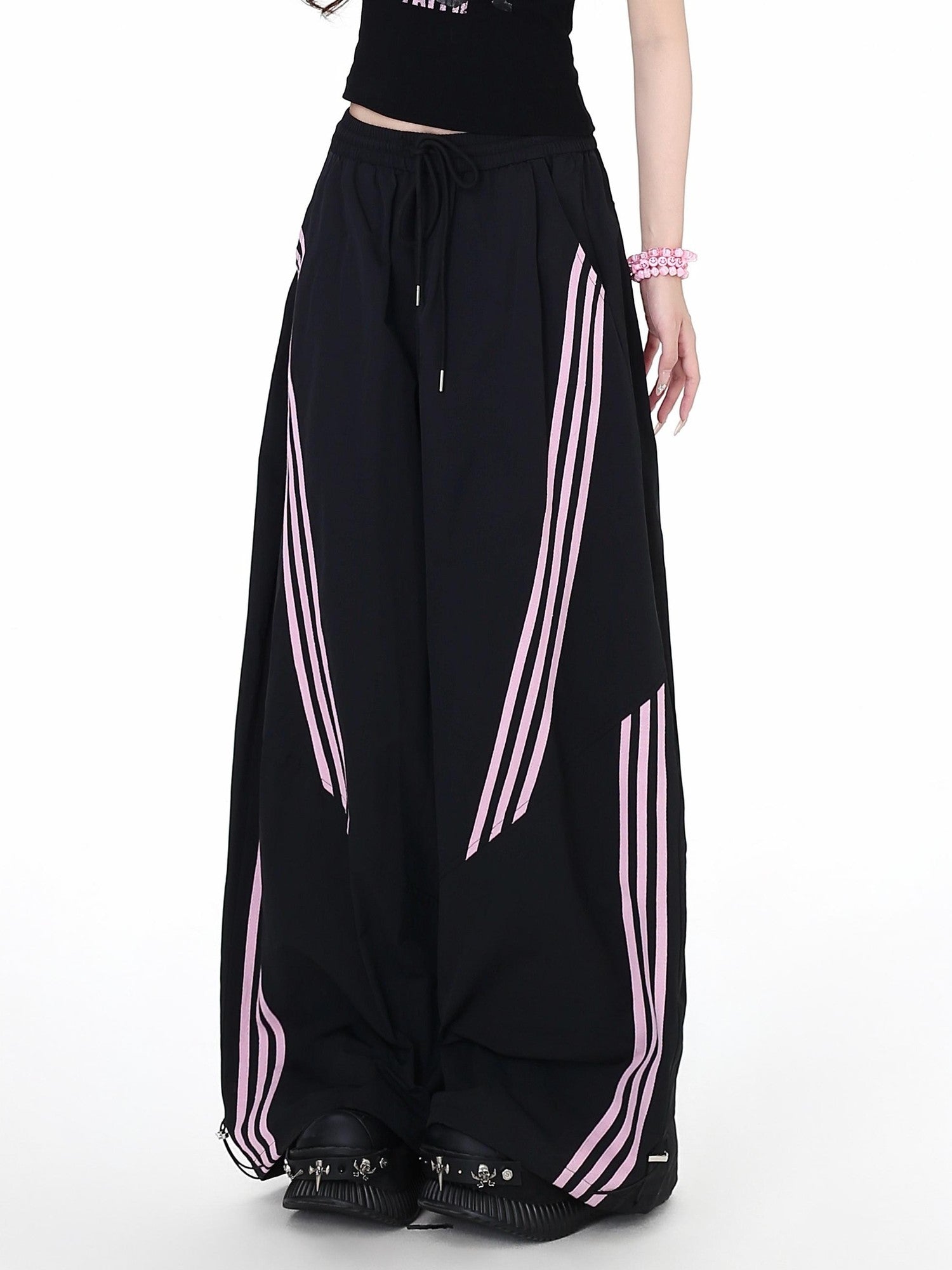 Crazy Girl Black Pink Striped Vintage High Waist Women&