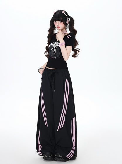 Crazy Girl Black Pink Striped Vintage High Waist Women&