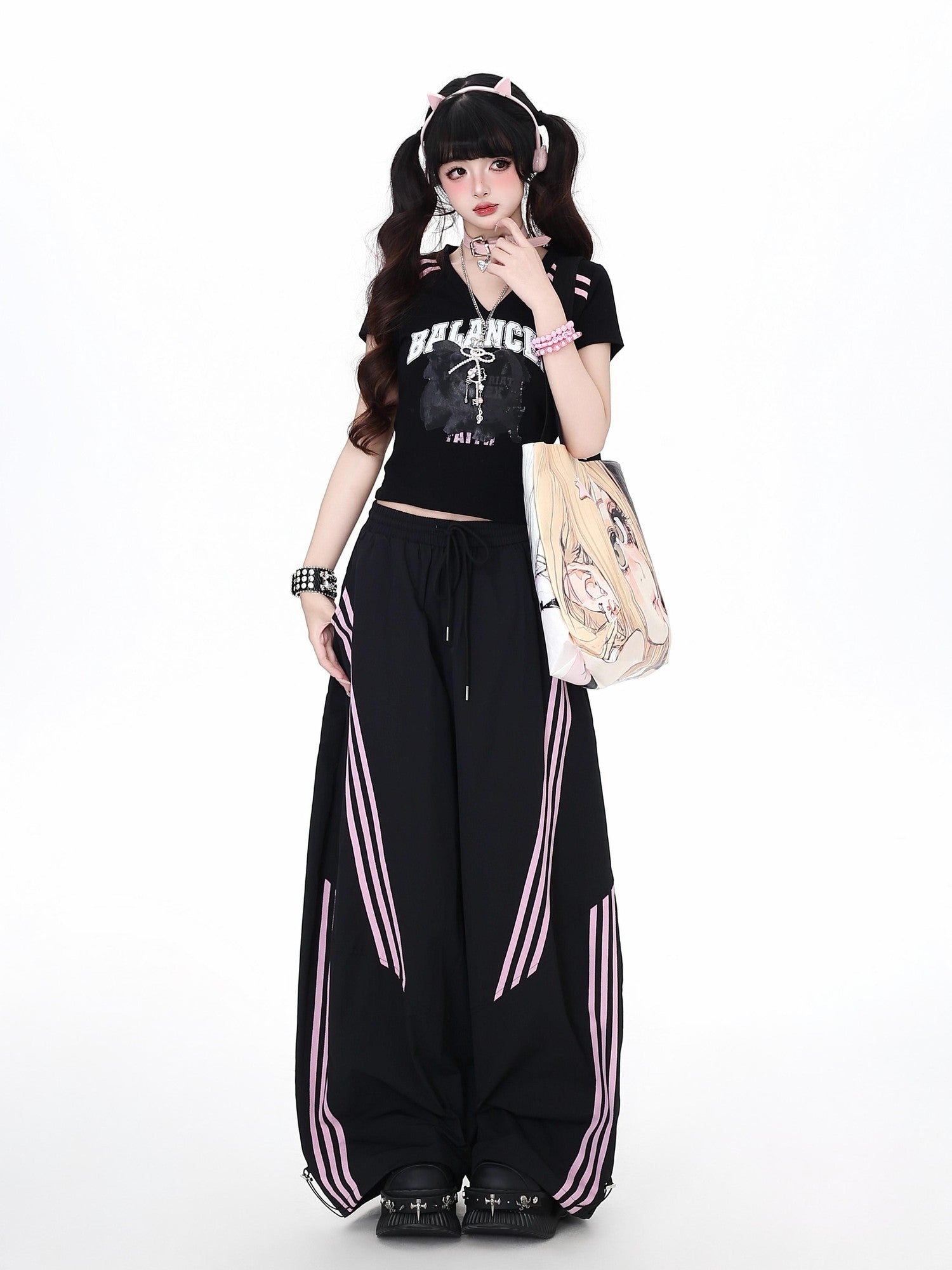 Crazy Girl Black Pink Striped Vintage High Waist Women&