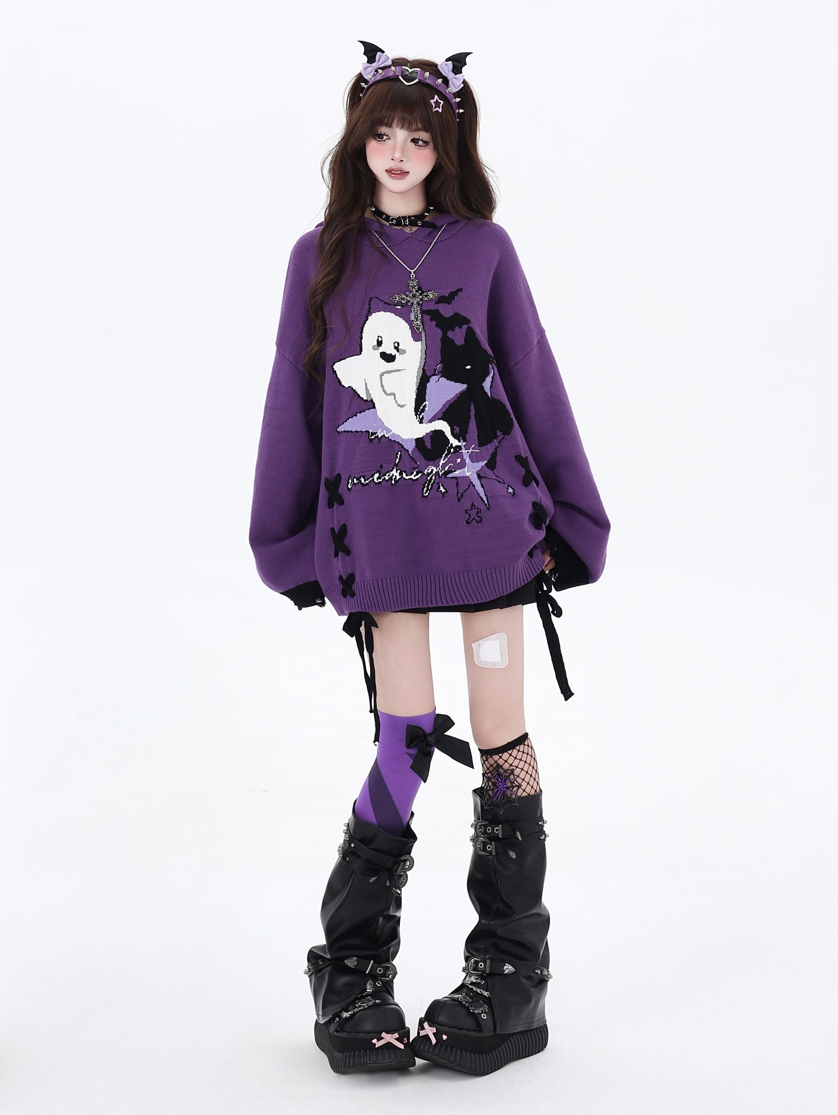 Crazy_Girl_Black_Purple_Colorblock_Ghost_Print_Lace_Up_Hooded_Loose_Women&
