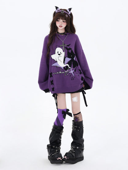 Crazy_Girl_Black_Purple_Colorblock_Ghost_Print_Lace_Up_Hooded_Loose_Women&