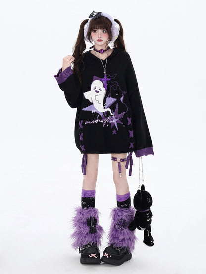 Crazy_Girl_Black_Purple_Colorblock_Ghost_Print_Lace_Up_Hooded_Loose_Women&