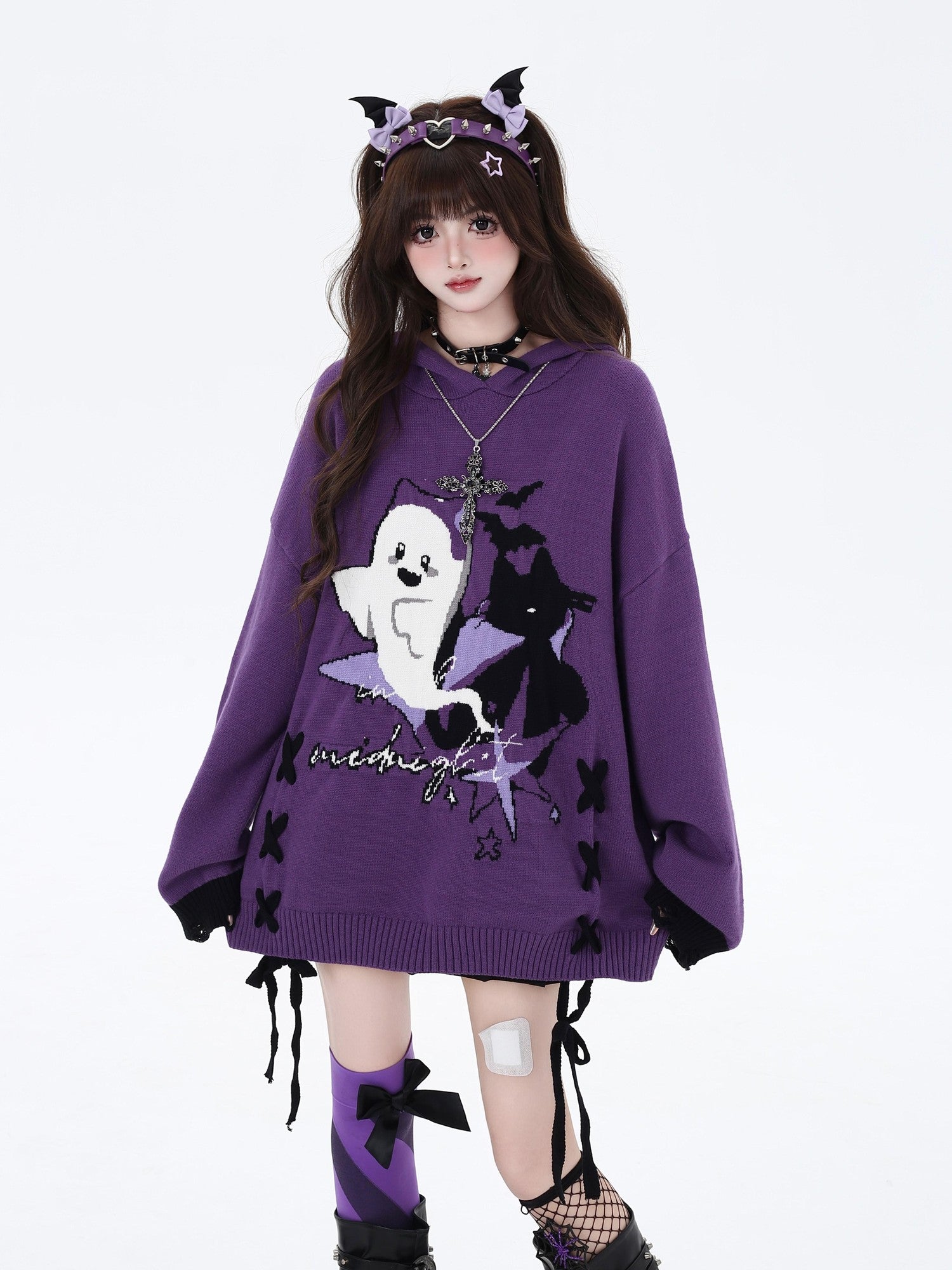 Crazy Girl Black Purple Colorblock Ghost Print Lace Up Hooded Loose Women&