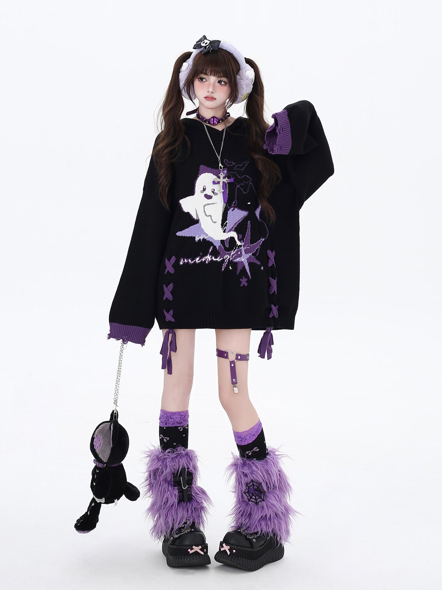 Crazy Girl Black Purple Colorblock Ghost Print Lace Up Hooded Loose Women&