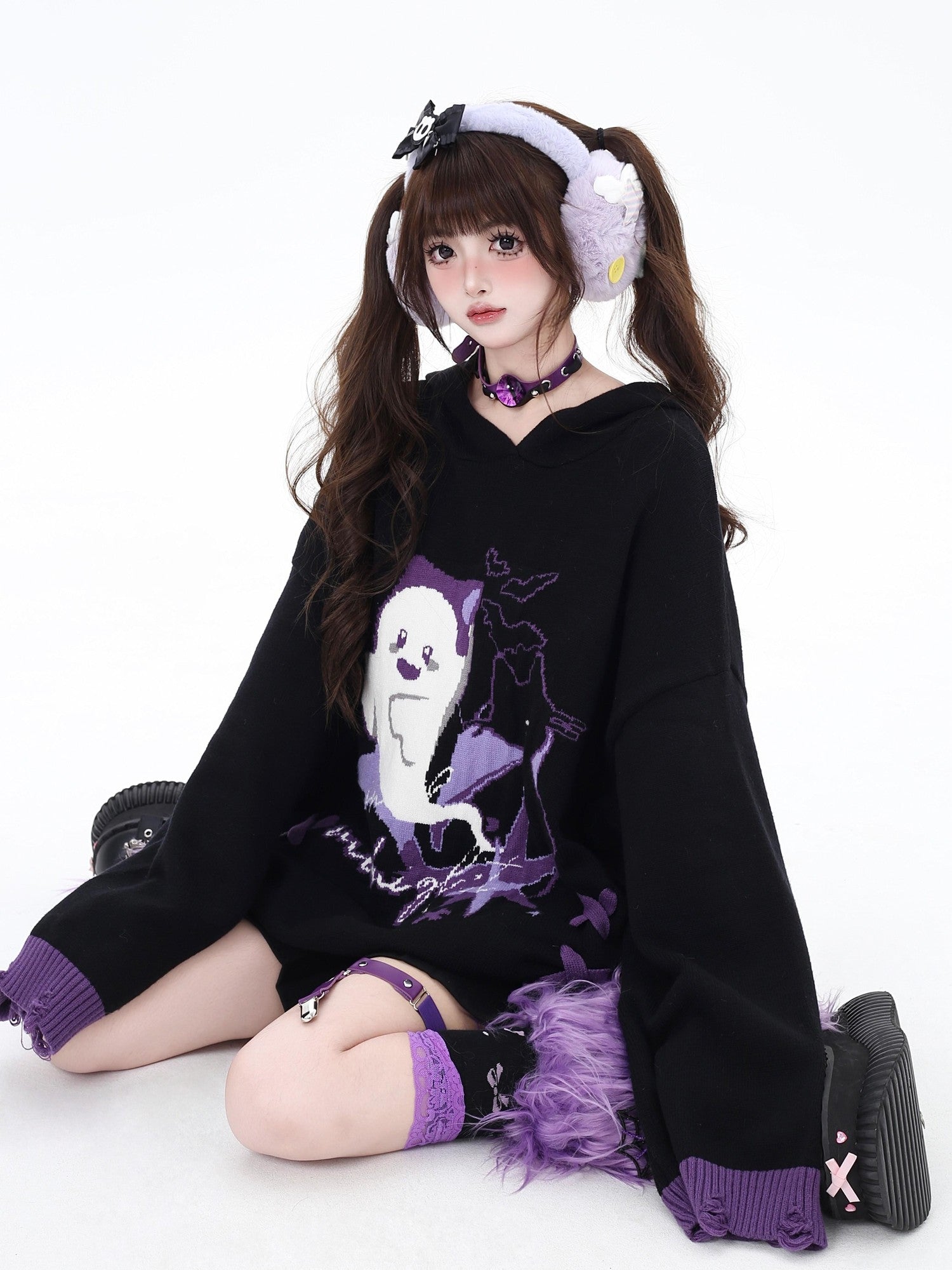 Crazy Girl Black Purple Colorblock Ghost Print Lace Up Hooded Loose Women&