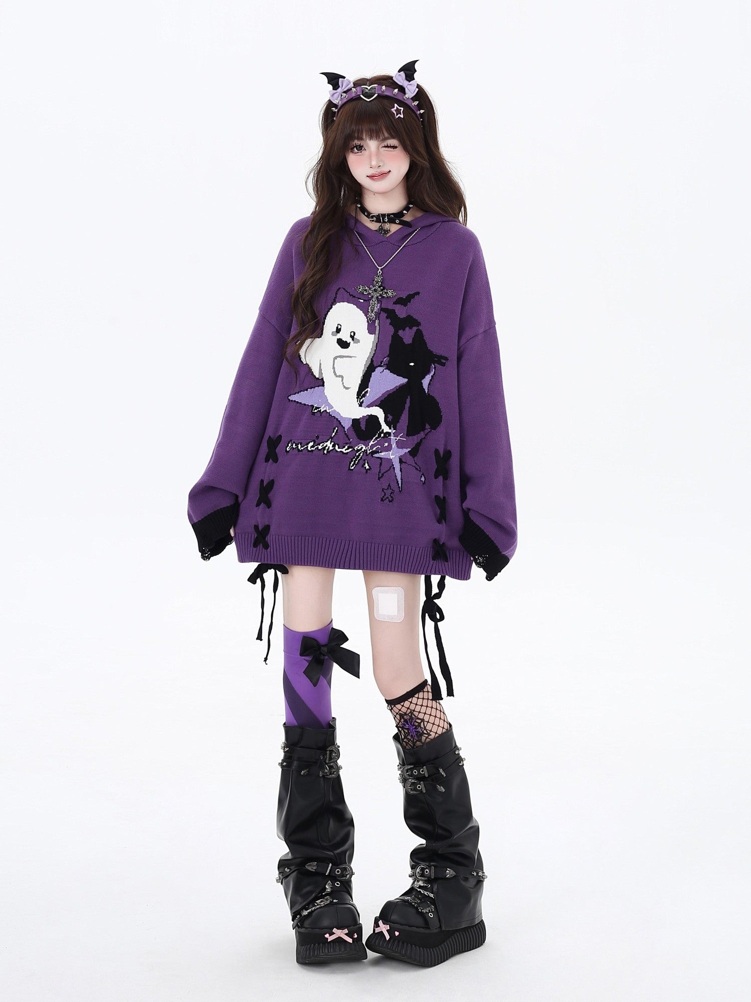 Crazy Girl Black Purple Colorblock Ghost Print Lace Up Hooded Loose Women&