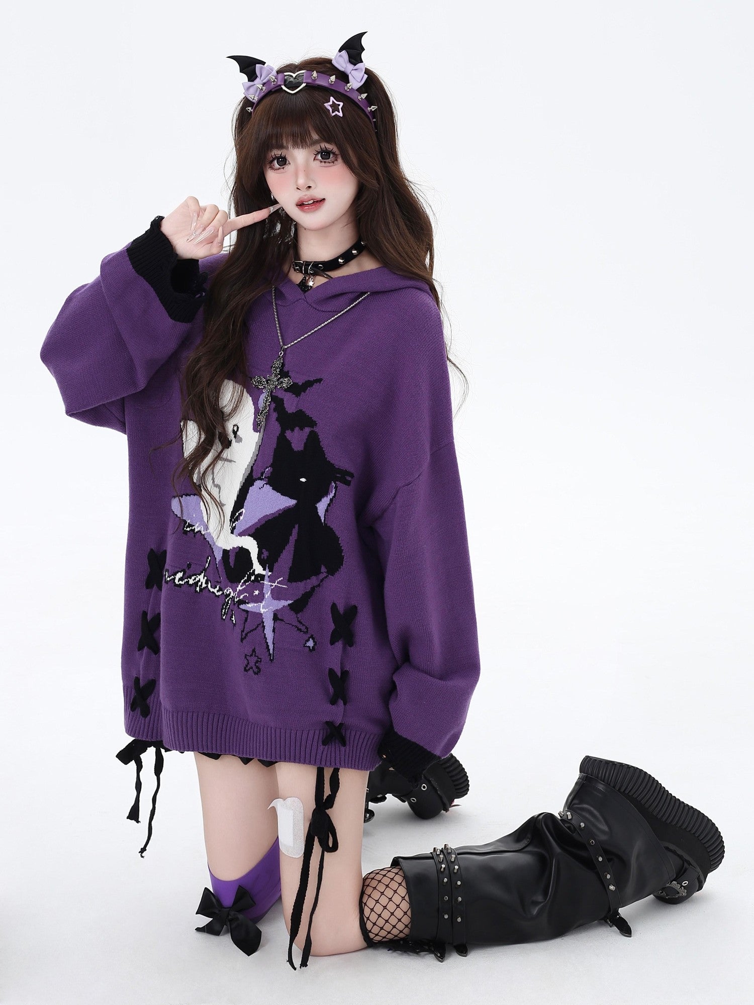 Crazy Girl Black Purple Colorblock Ghost Print Lace Up Hooded Loose Women&