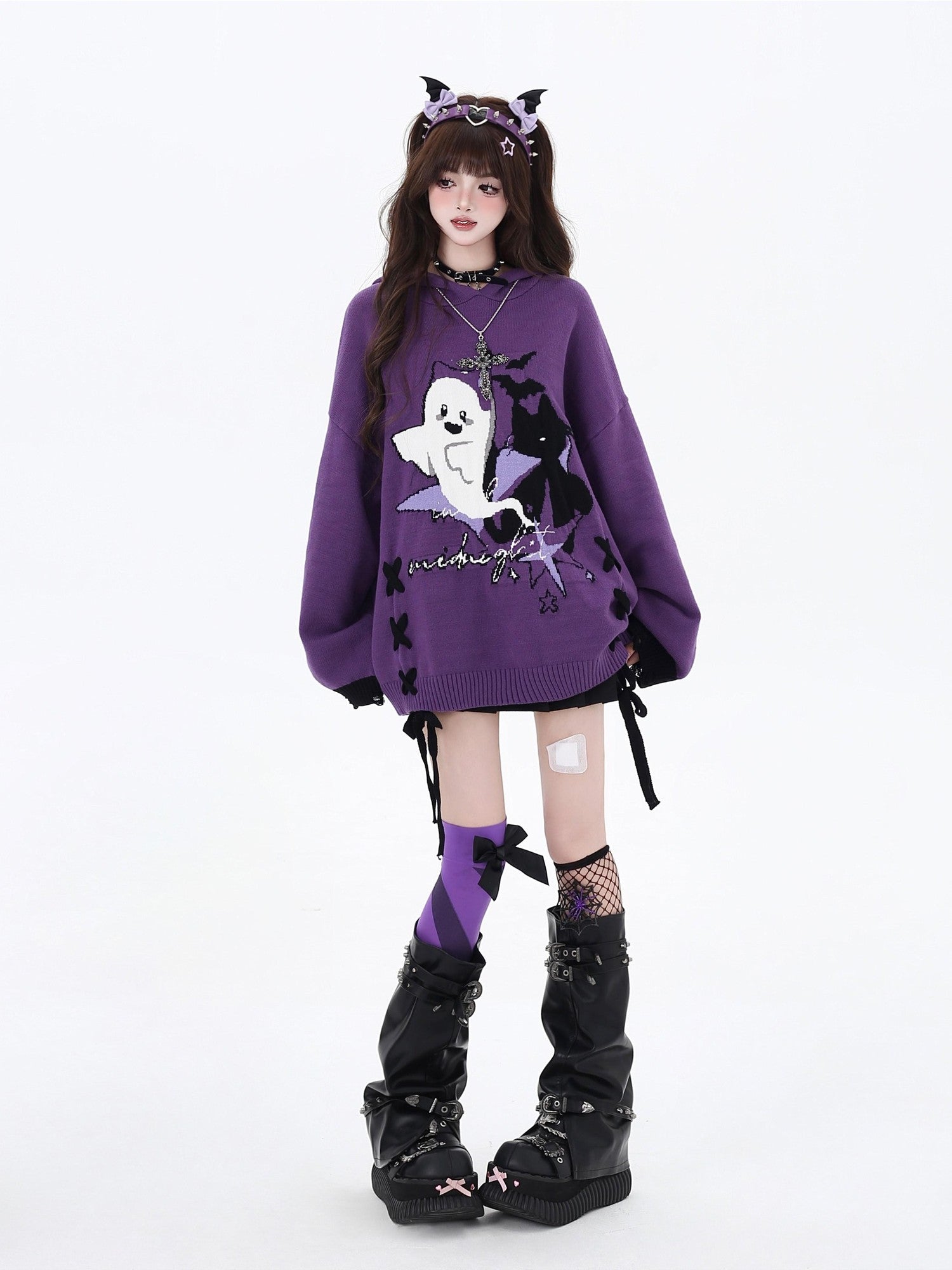 Crazy Girl Black Purple Colorblock Ghost Print Lace Up Hooded Loose Women&