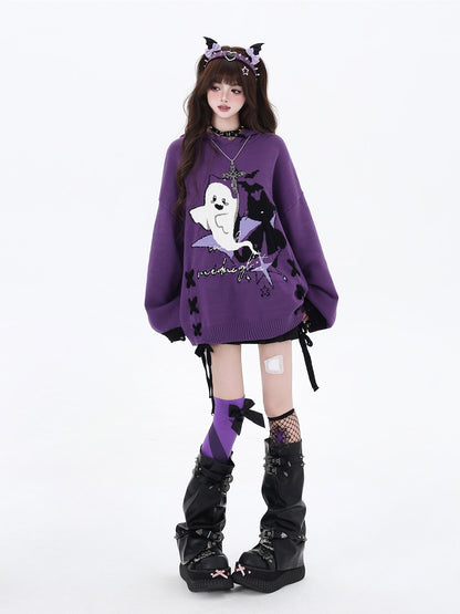 Crazy Girl Black Purple Colorblock Ghost Print Lace Up Hooded Loose Women&