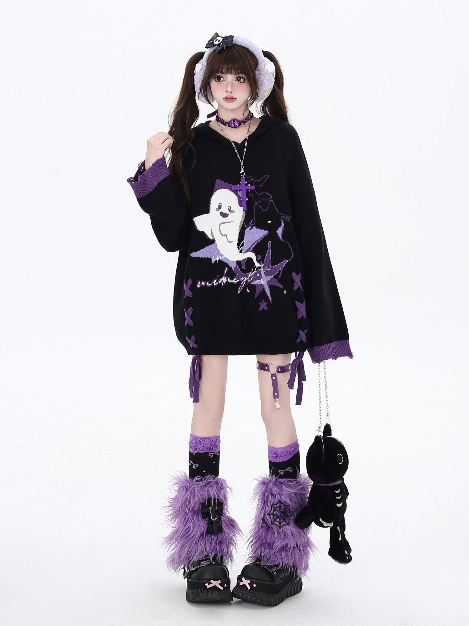 Crazy Girl Black Purple Colorblock Ghost Print Lace Up Hooded Loose Women&