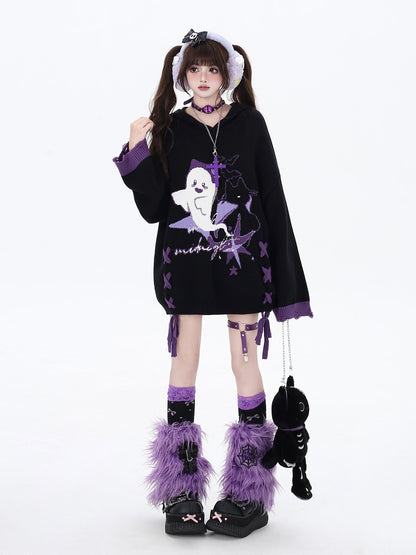 Crazy Girl Black Purple Colorblock Ghost Print Lace Up Hooded Loose Women&