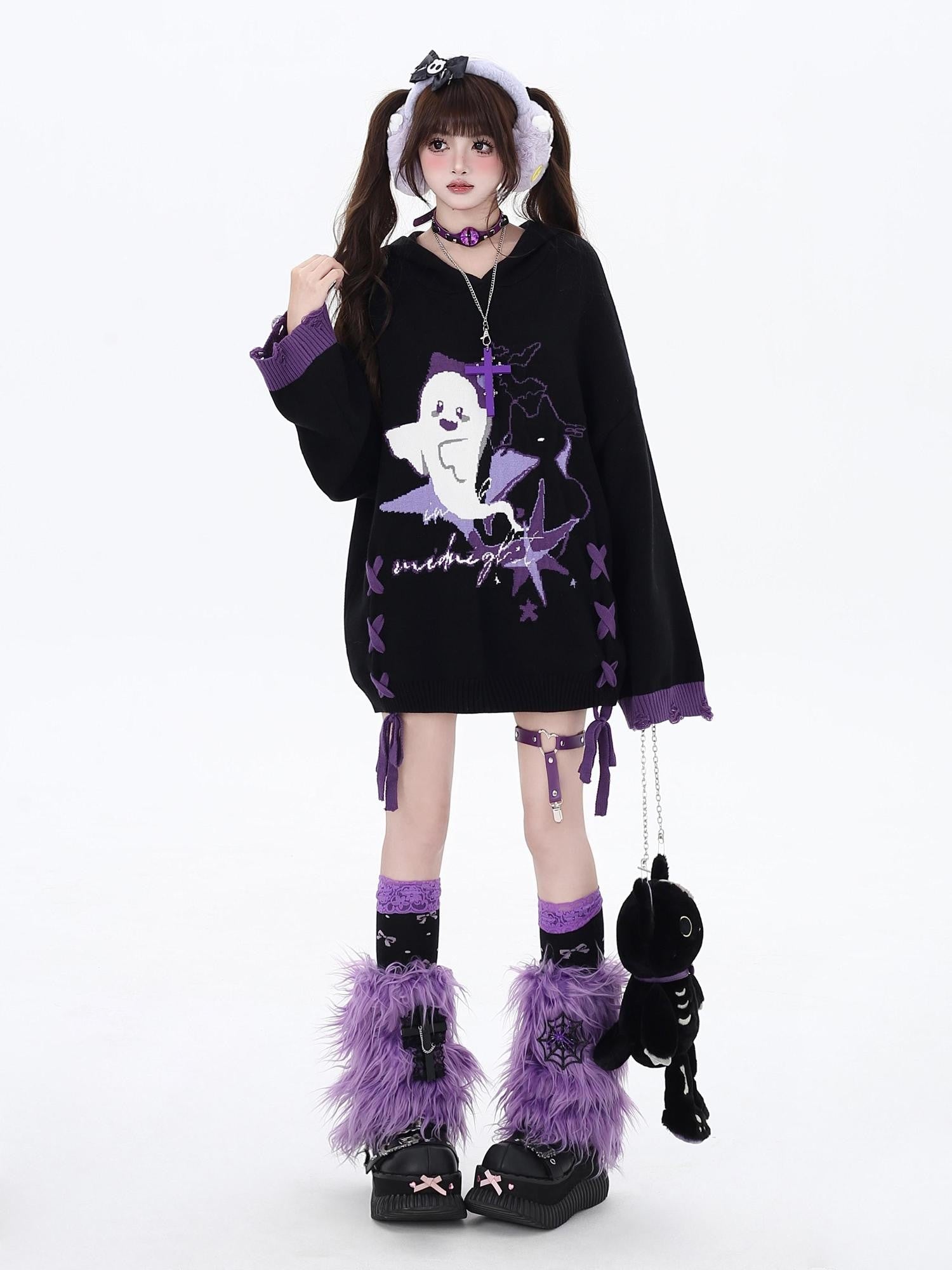 Crazy Girl Black Purple Colorblock Ghost Print Lace Up Hooded Loose Women&